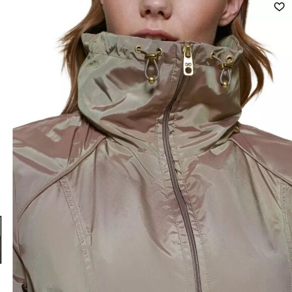 Like New! Cole Haan Light Gray Hooded Packable Rain Jacket Pockets Cinch Waist S - Picture 3 of 16